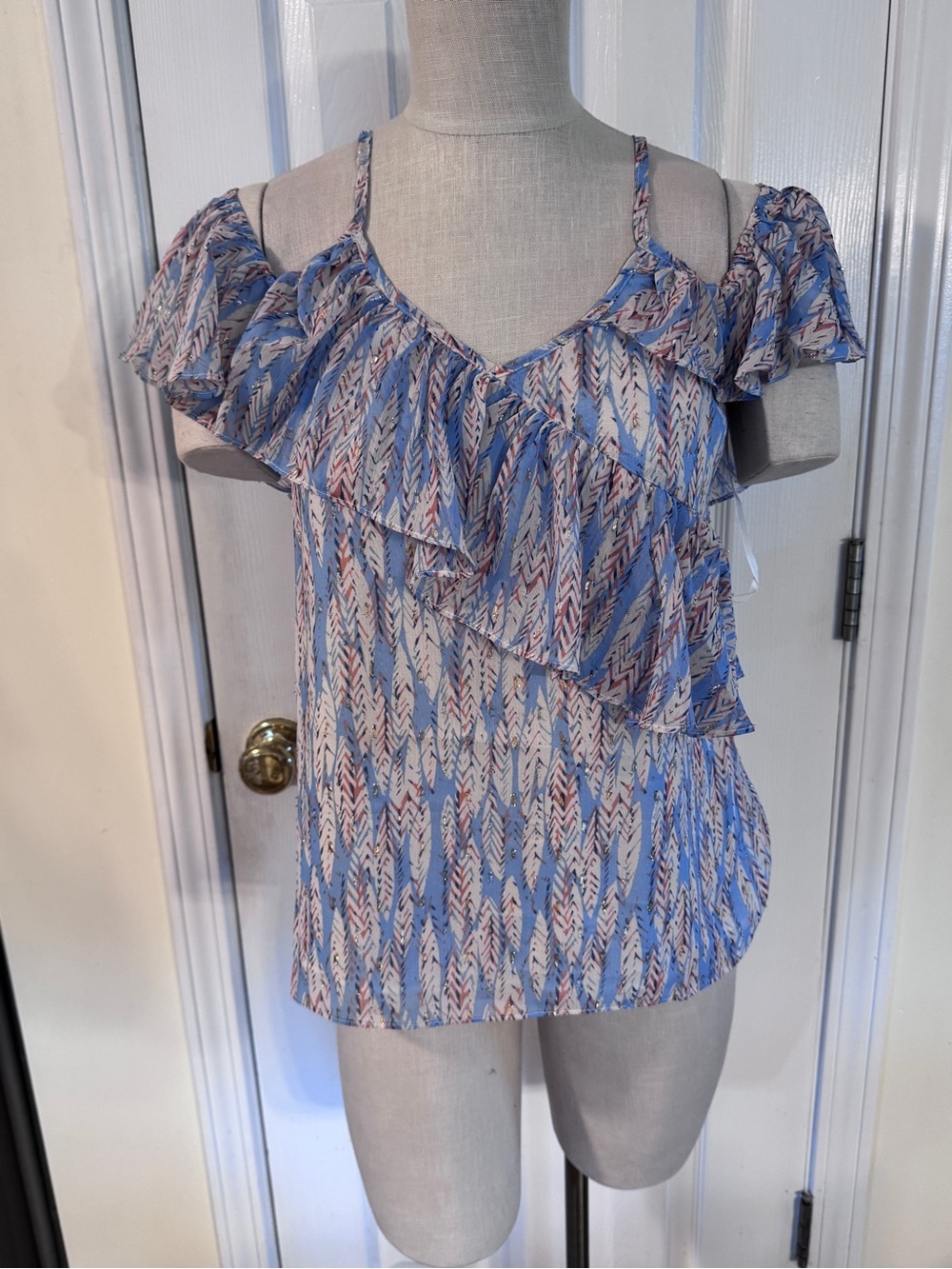 NWT Miss Me Blue Metallic Ruffle Cold Shoulder Blouse Top Sz Small Boho Festival